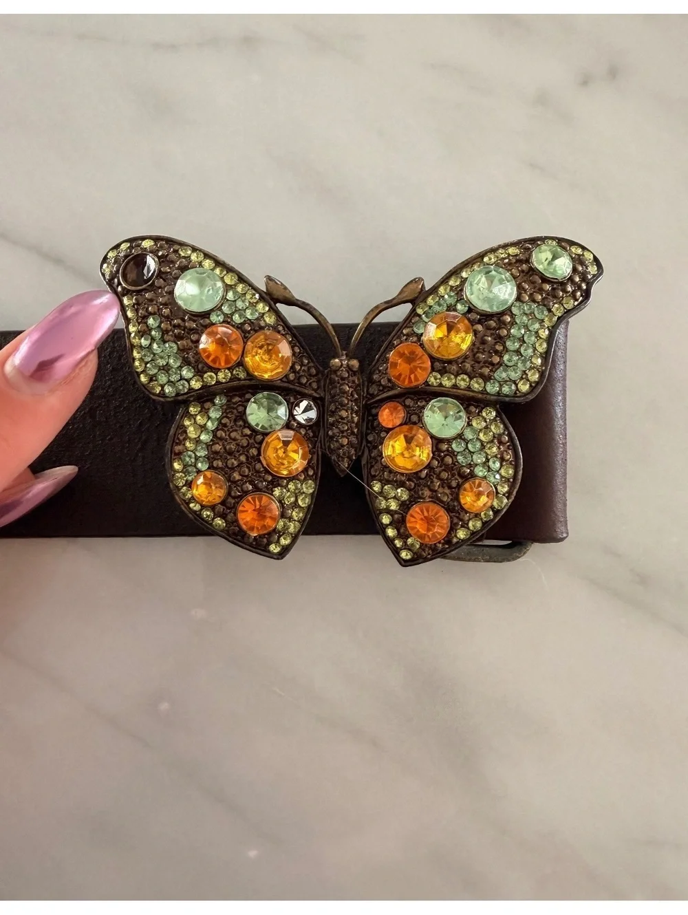 Brown Genuine Leather Women's Belt with Decorative Butterfly Buckle